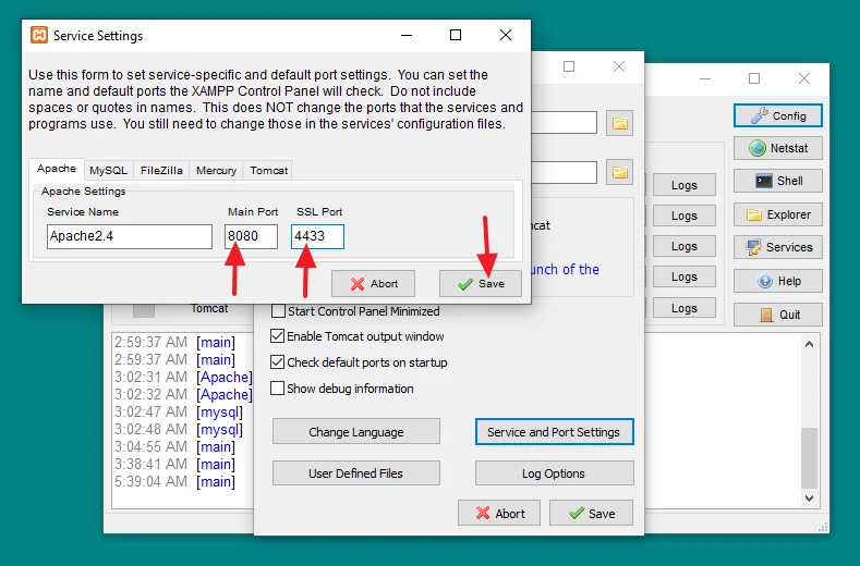 In the Main Port field, type 8080. In the SSL Port field, type 4433. Click on the Save button.