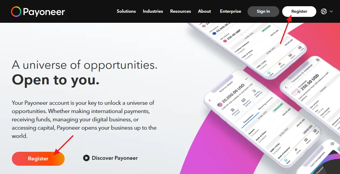 Go to Payoneer Website. Click on the Register button. Go to Payoneer Website. Click on the Register button.