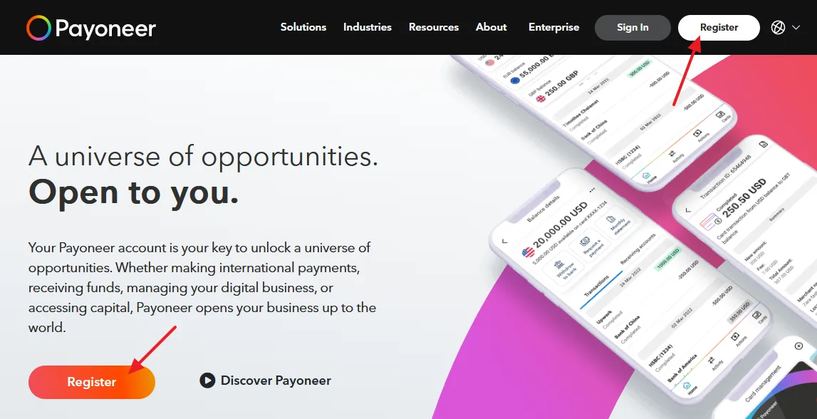 Go to Payoneer Website. Click on the Register button.