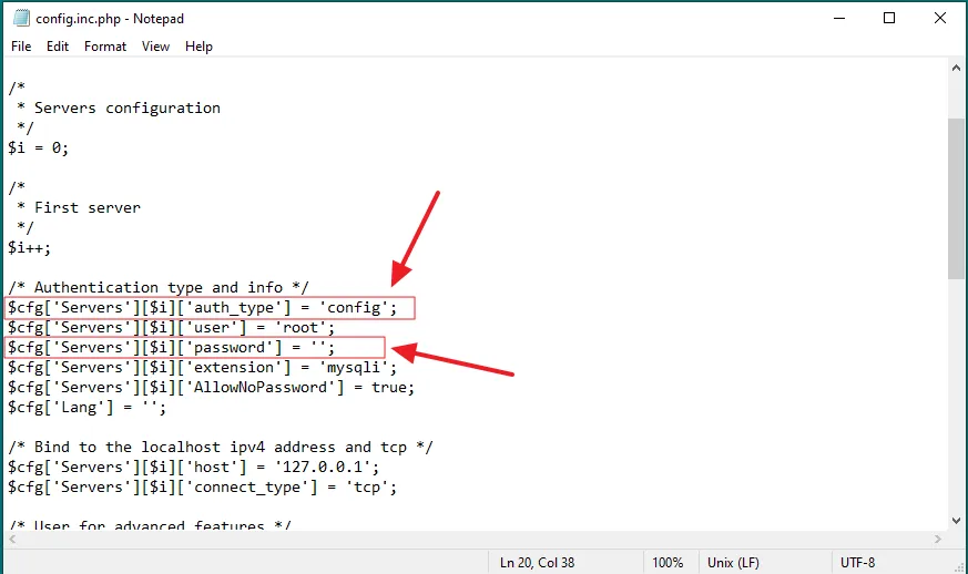 Look for these two lines:$cfg['Servers'][$i]['auth_type'] = 'config';$cfg['Servers'][$i]['password'] = '';