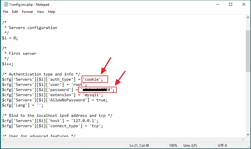 Replace 'config' with 'cookie'. Enter your password in the line: $cfg['Servers'][$i]['password'] = ''; that you have created for the root user on phpMyAdmin.