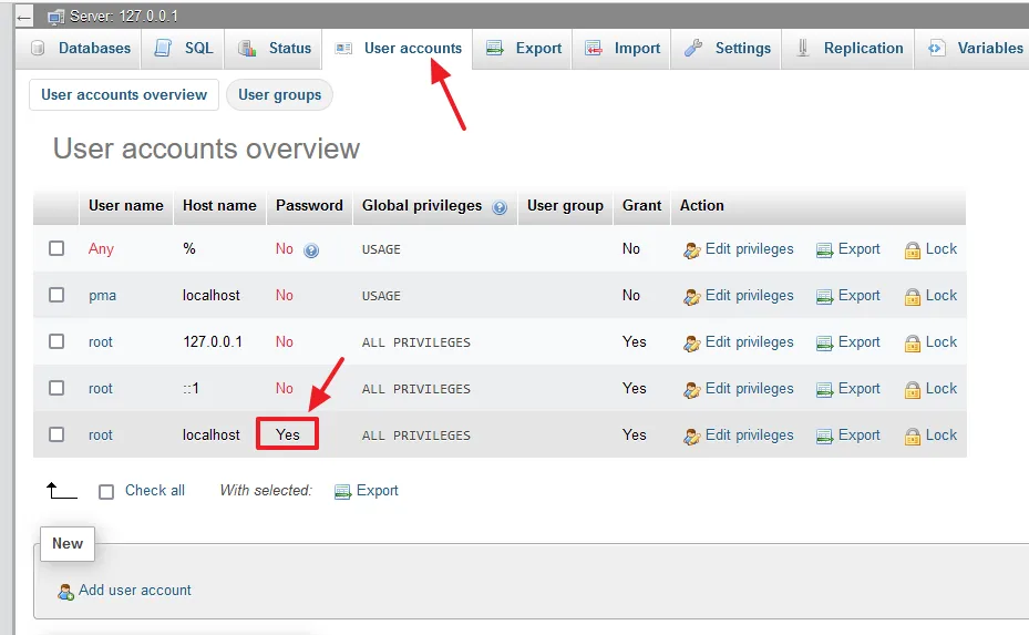 Go to User accounts on your phpMyAdmin dashboard. You can see that Password is Yes for the root User Name.