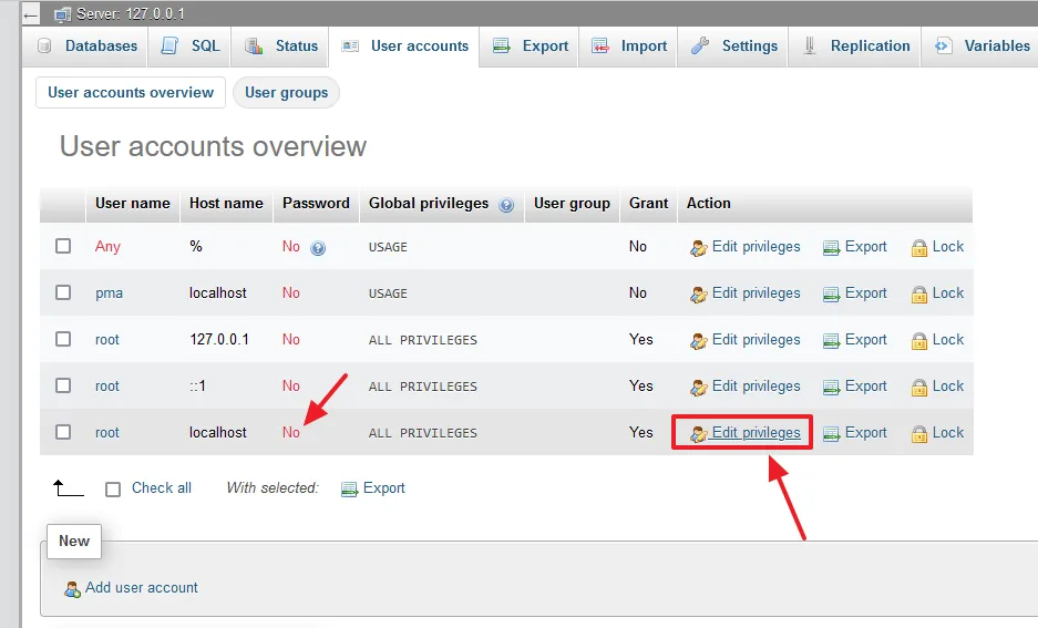 Look for the row that contains User name: root & Host name: localhost. You can see that there is No for Password. Click on the Edit privileges link, as shown below.