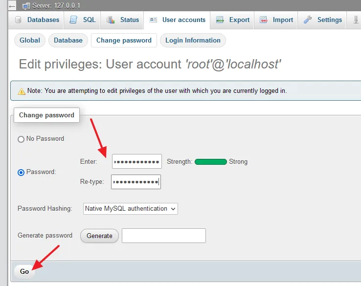 Choose the Password option. Enter a Password. On Password Hashing choose Native MySQL authentication. Click on the Go button.