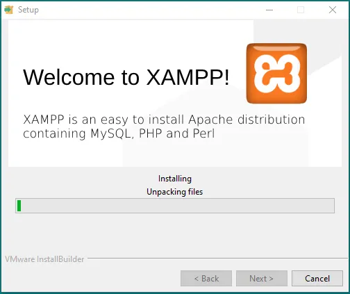 The XAMPP is being installed. It will take few minutes to install, so be patient.