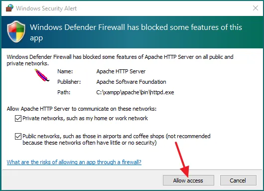 If your Windows Defender Firewall is enabled on your computer, it may show an alert, "Windows Defender Firewall has blocked some features of Apache HTTP Server on all public and private networks". Click on the Allow access button.
