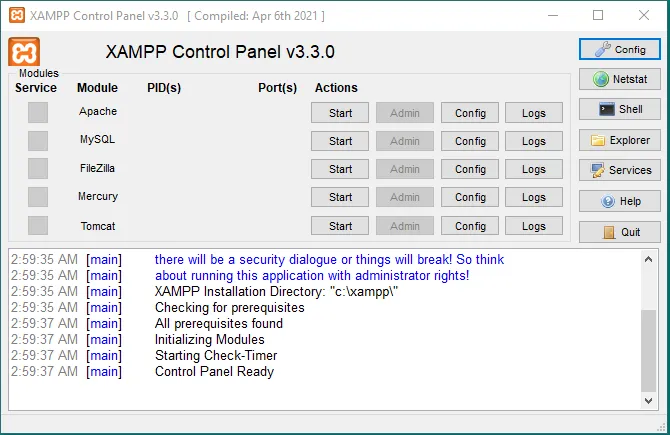 This is how the XAMPP Control Panel looks like. 