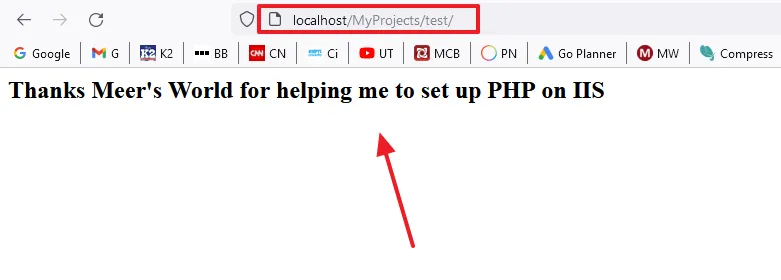 Go to your browser's URL bar and type http://localhost/MyProjects/test/.