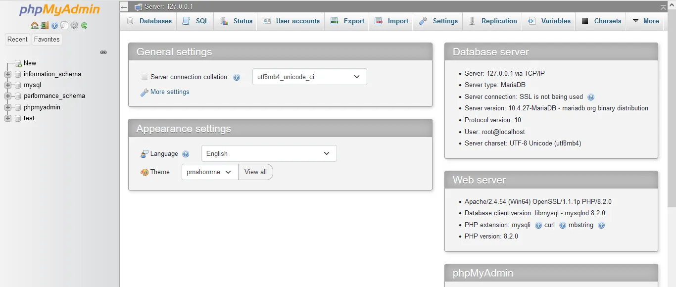 This is the homepage (dashboard) of phpMyAdmin. 