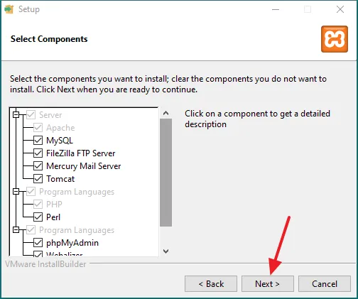 Select the components that you want to install. If you're not a non tech-savvy leave them as it is. Click on the Next button.