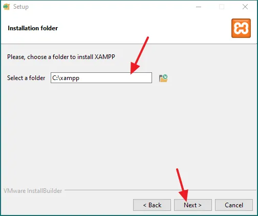 Select a Drive and Folder where XAMPP will be installed. 