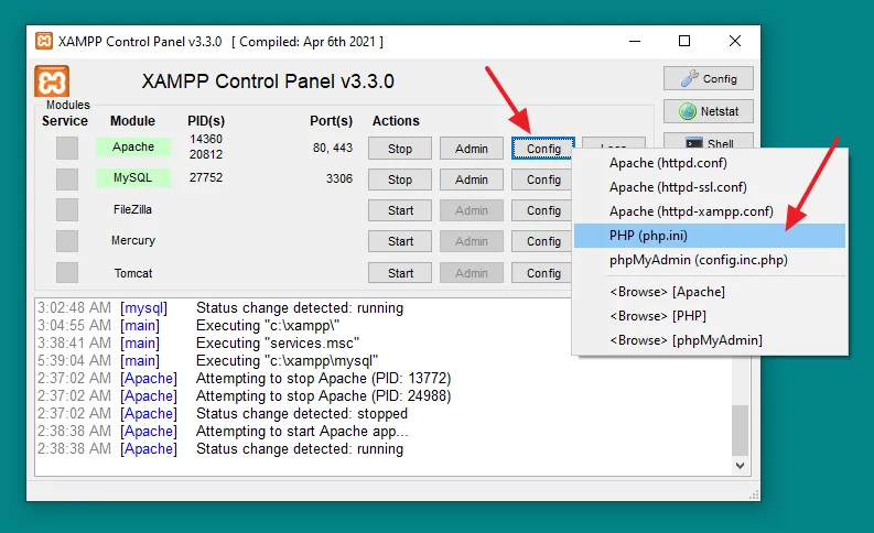 Open your XAMPP Control Panel. Click on the Config button of Apache module. Click on the PHP (php.ini).