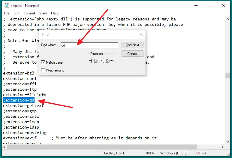 In the php.ini file, find gd extension and remove the semicolon (;) from its beginning like this: ;extension=gd to extension=gd. 