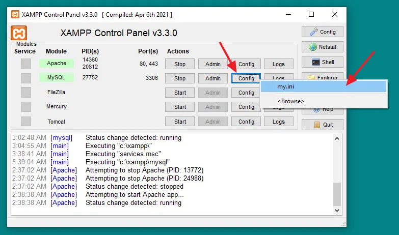 On XAMPP Control Panel click on the Config button of MySQL module. Click on the my.ini.