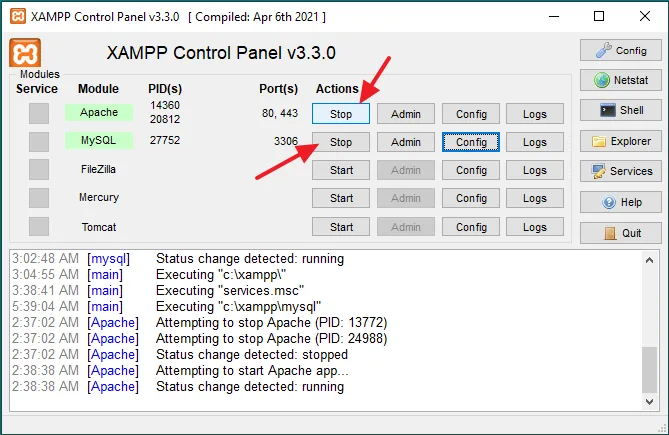 After configuring the php.ini and my.ini files, go to XAMPP Control Panel. Stop the Apache and MySQL modules.