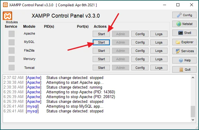 To restart a module, click on its Start button.