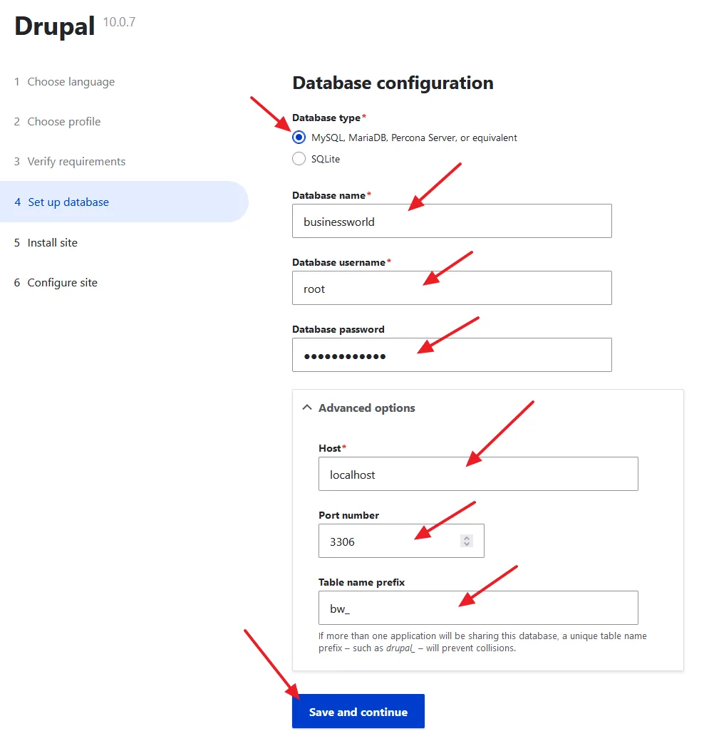 Set Up Database configuration for Drupal. Enter database name, username, password, host, port no, and table prefix.