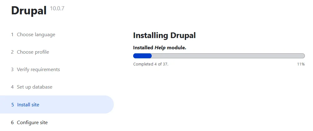 It may take few minutes, so be patient while Drupal installation is finished.