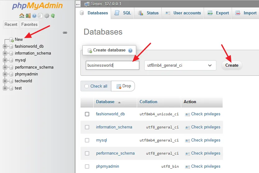 Click on the New to create a new database on phpMyAdmin. On the Create database section enter your database name. Click on the Create button.