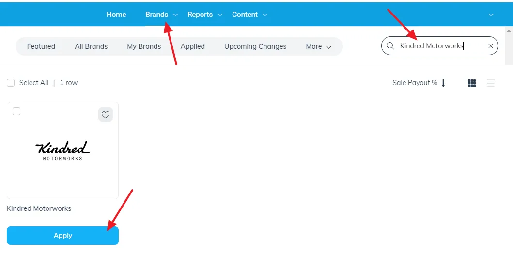 Sign-In to Impact Radius account, go to Brands section, find the Kindred Motorworks affiliate program and click on the Apply button.