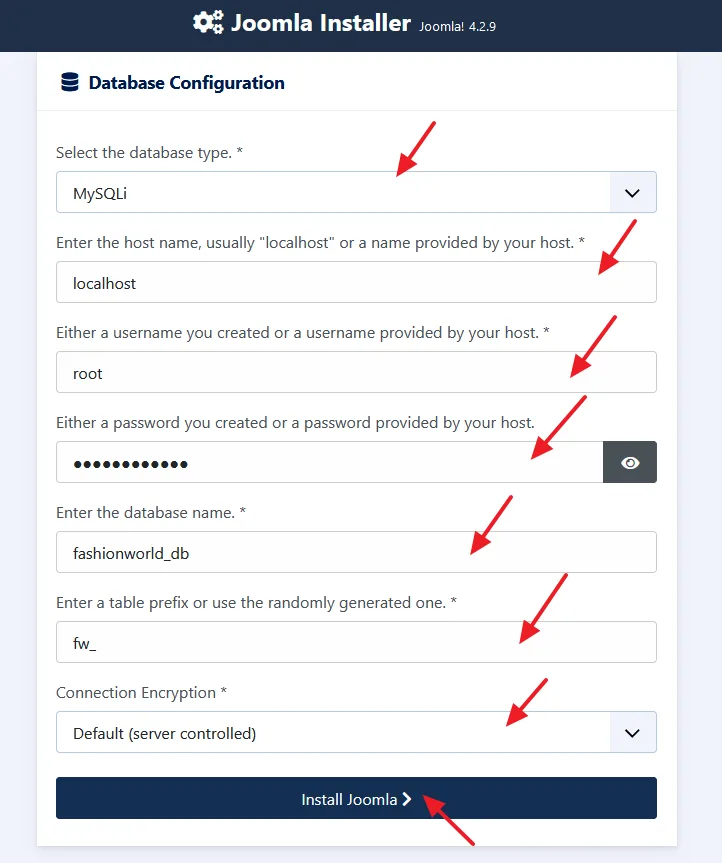 Database Configuration for Joomla Installation. 