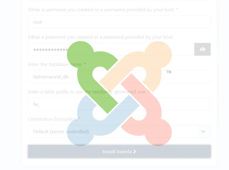 The Joomla installation begins...