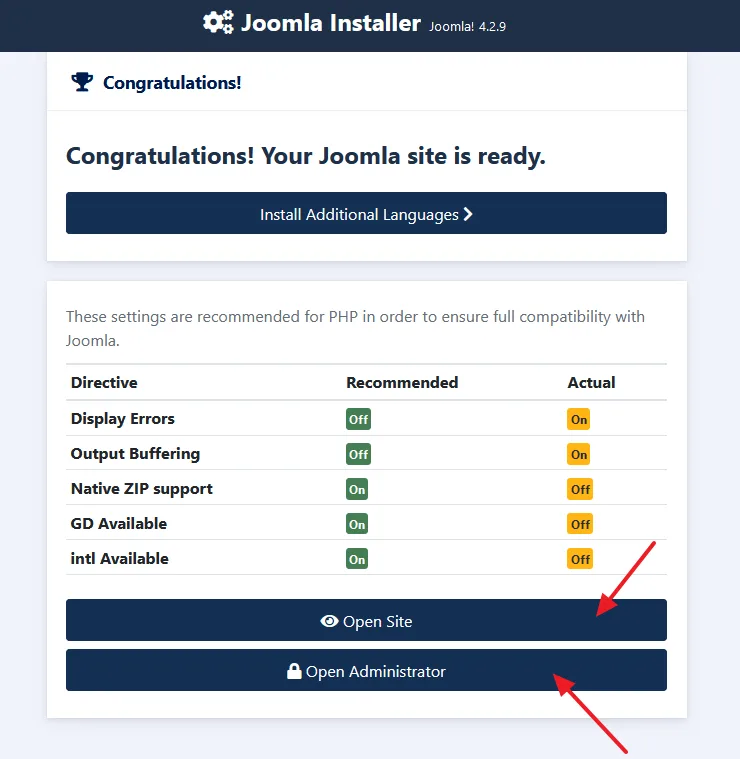 You will see a congratulation message if Joomla is installed successfully.