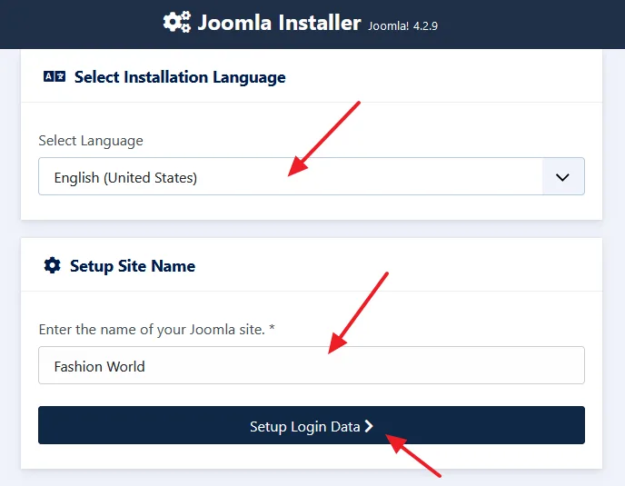 Browse your Joomla site (folder) that you have copied in the XAMPP htdocs like this: http://localhost/site_name/. Select your language and enter your name. 