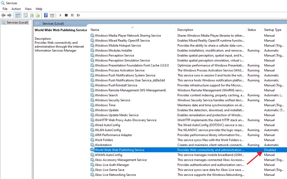 You can see that World Wide Web Publishing Service is stopped and disabled.