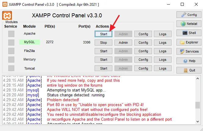 Open your XAMPP Control Panel. Click on the Start button of Apache Module.