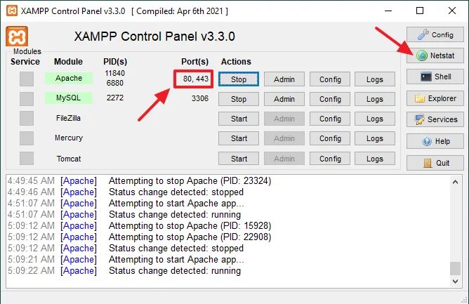 the error, "Port 80 in use by "Unable to open process" with PID 4!" has been removed on XAMPP Control Panel and Apache Module is using the Ports 80, and Port 443