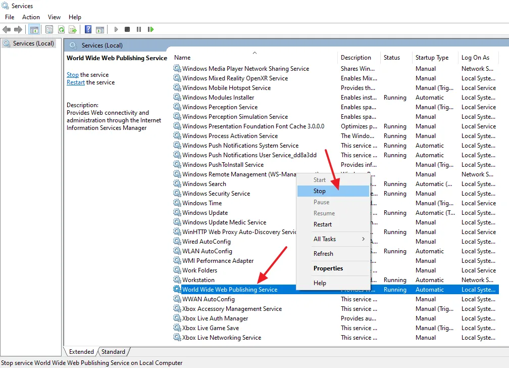 Scroll-down to World Wide Web Publishing Service and right-click on it. Click on the Stop option.