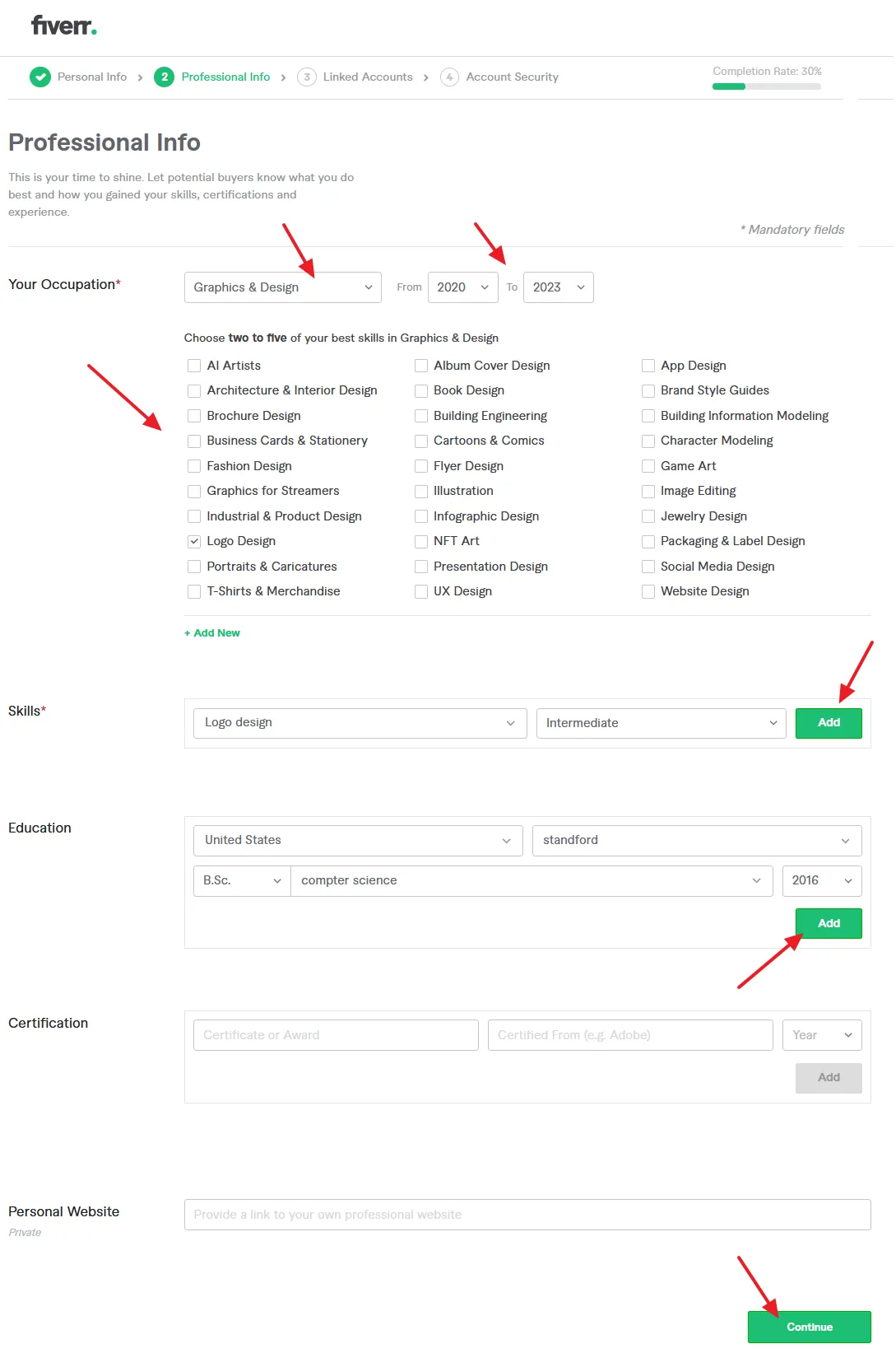 Enter your personal info such as Occupation, Education, Skills, Certification, etc.