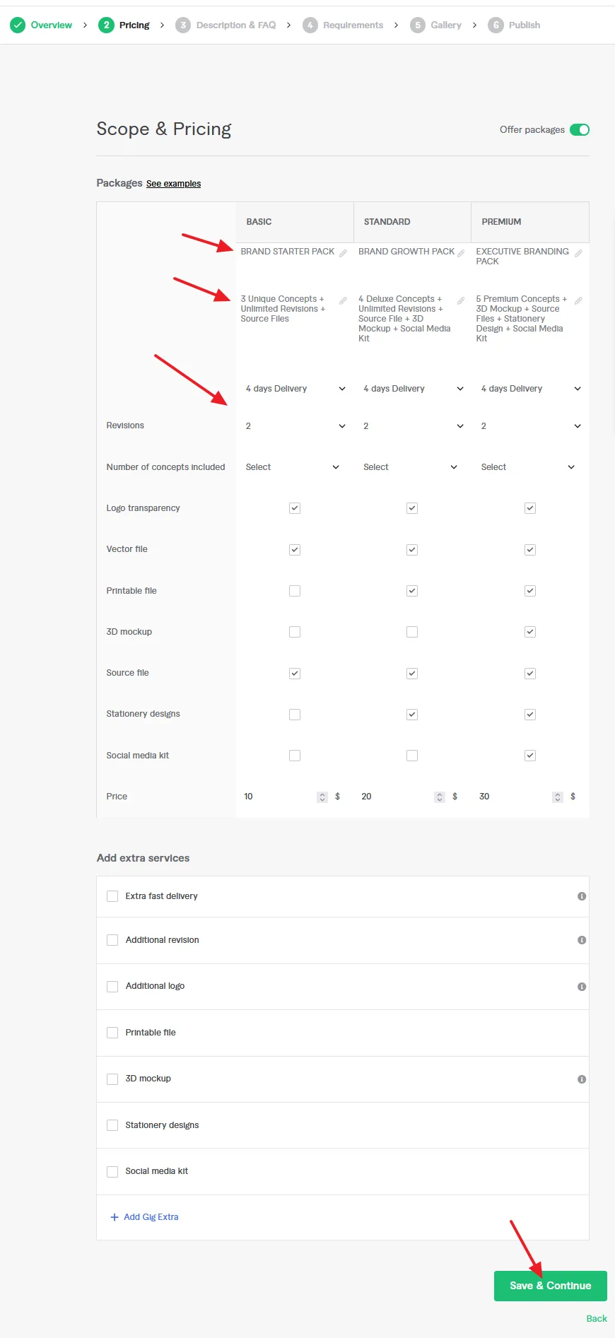 Select the Scope & Pricing for your Gig. You can offers 3 packages to buyers (1) BASIC (2) STANDARD (3) PREMIUM.