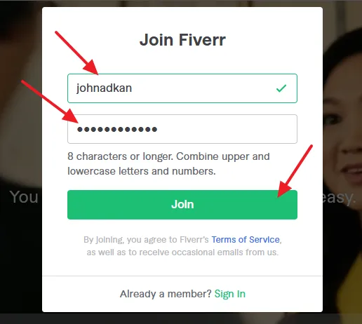 Enter a Username and Password for your Fiverr account. Click on the Join button.