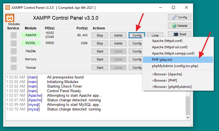 Open the XAMPP Control Panel. Click on the Config button of Apache module. Click on the PHP (php.ini).