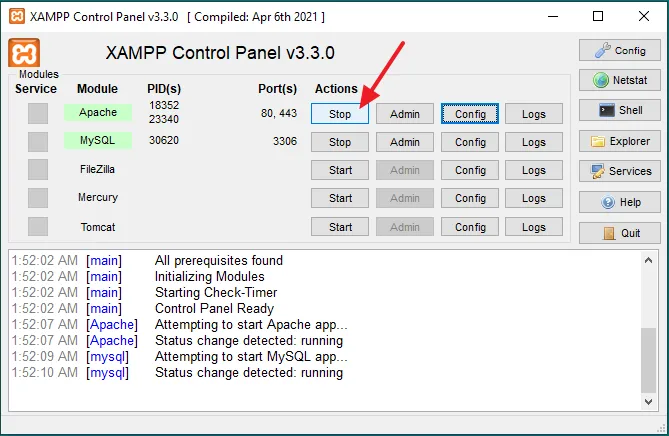 Now go to XAMPP Control Panel and Stop the Apache module.