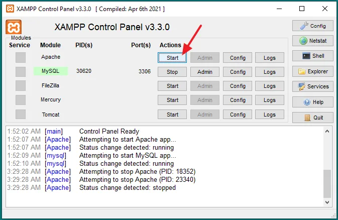 Click on the Start button to restart the Apache module.