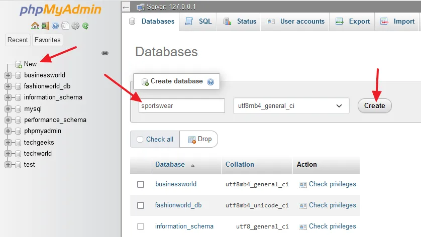 Create a database on phpMyAdmin. 