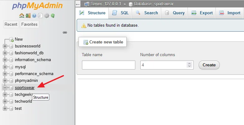 You can see at the left side that a new database sportswear for OpenCart site is created.