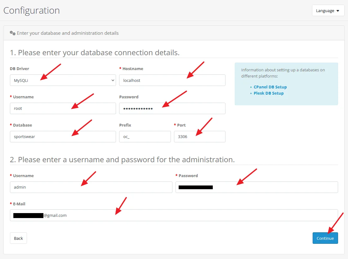 Enter the database and administration details for OpenCart