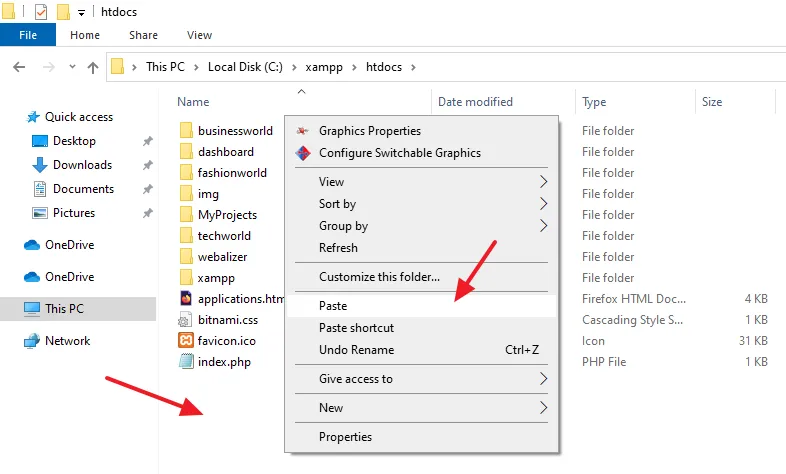 Inside the htdocs directory, right-click on the white space and click on the Paste.