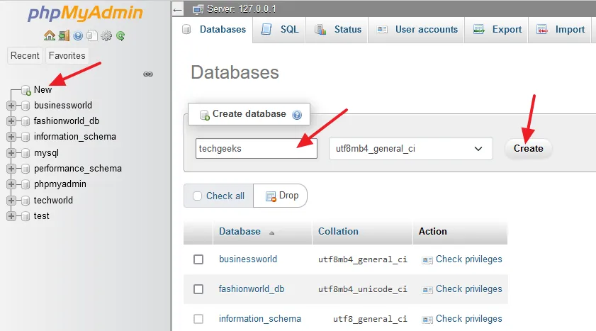 Click on the New to create a new database on phpMyAdmin. Enter your database name. Click on the Create button