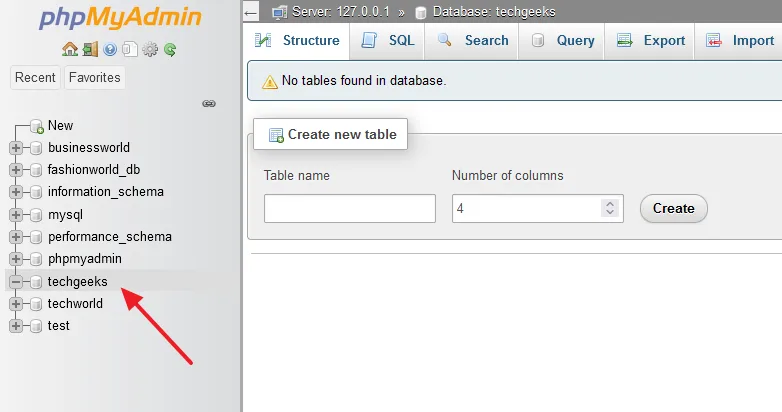 a new database techgeeks for ExpressionEngine site is successfully created. 