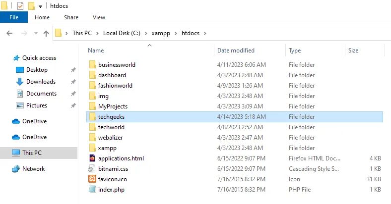 the ExpressionEngine folder techgeeks is copied in the htdocs directory.