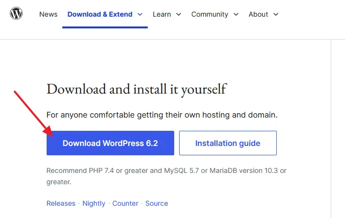 Open WordPress.org Download Page. Go to Download and install it yourself section and click on the Download WordPress button