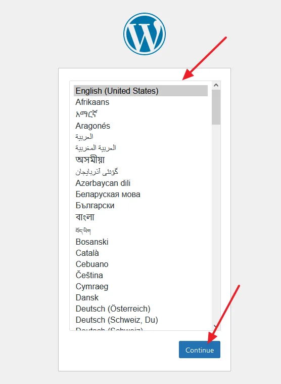 Browse your project/website URL on the browser. Choose a Language for your WordPress site. Click on the Continue button.