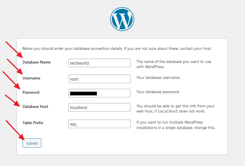 Enter database name, Enter phpmyadmin username and password, enter database localhost, and table prefix.