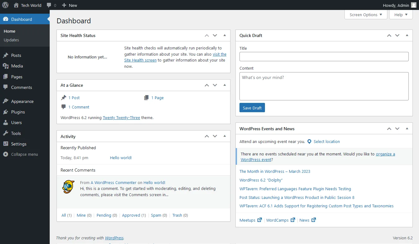 WordPress Dashboard (Admin) section