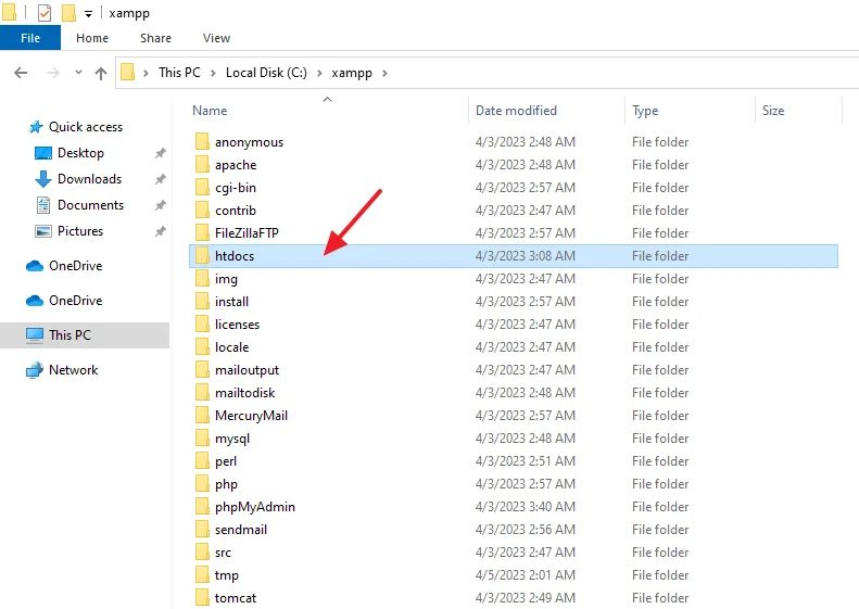 Now open the XAMPP folder. Open the htdocs folder.
